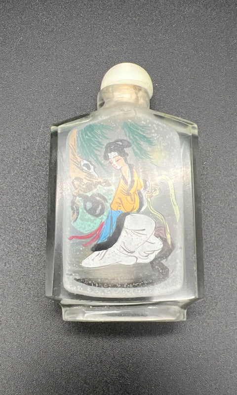 Vintage Chinese Reverse Painted Glass Snuff Bottle Geisha Landscape with Box