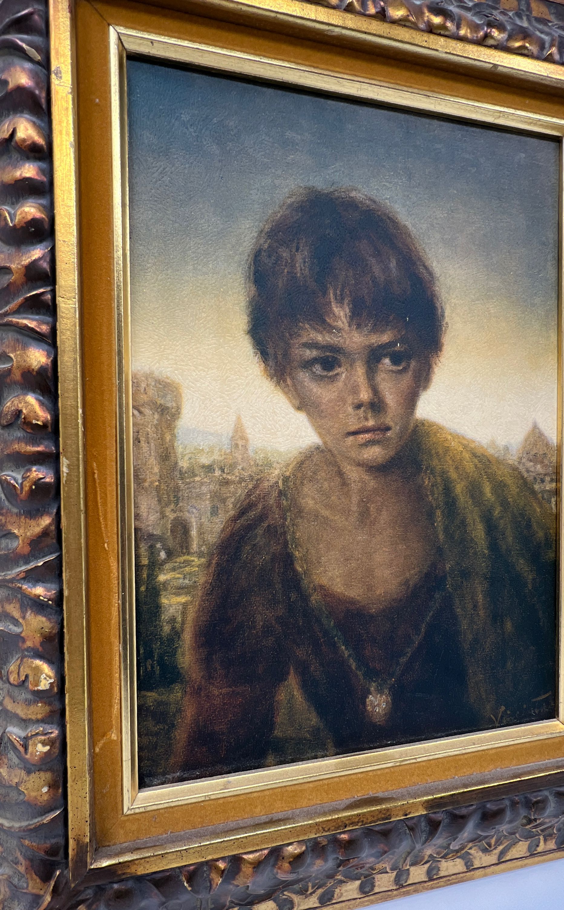 Vintage Joseph Wallace King Vinciata Framed Print of Boy Claudio Gold Tone Frame
