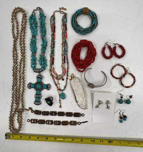 Lot 14pc Southwestern Style Jewelry Faux Turquoise Coral Cross Feather Horses