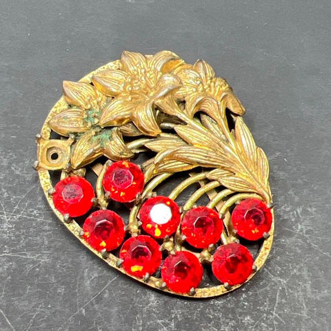Vintage 1940s B. Blumenthal Red Rhinestone Floral Fur Dress Clip Signed Retro