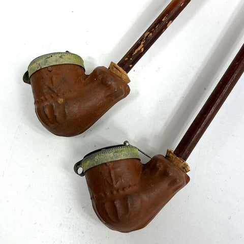 Vintage Lot of 2 Clay Tobacco Pipes Removable Bamboo Stems Lidded Bowls