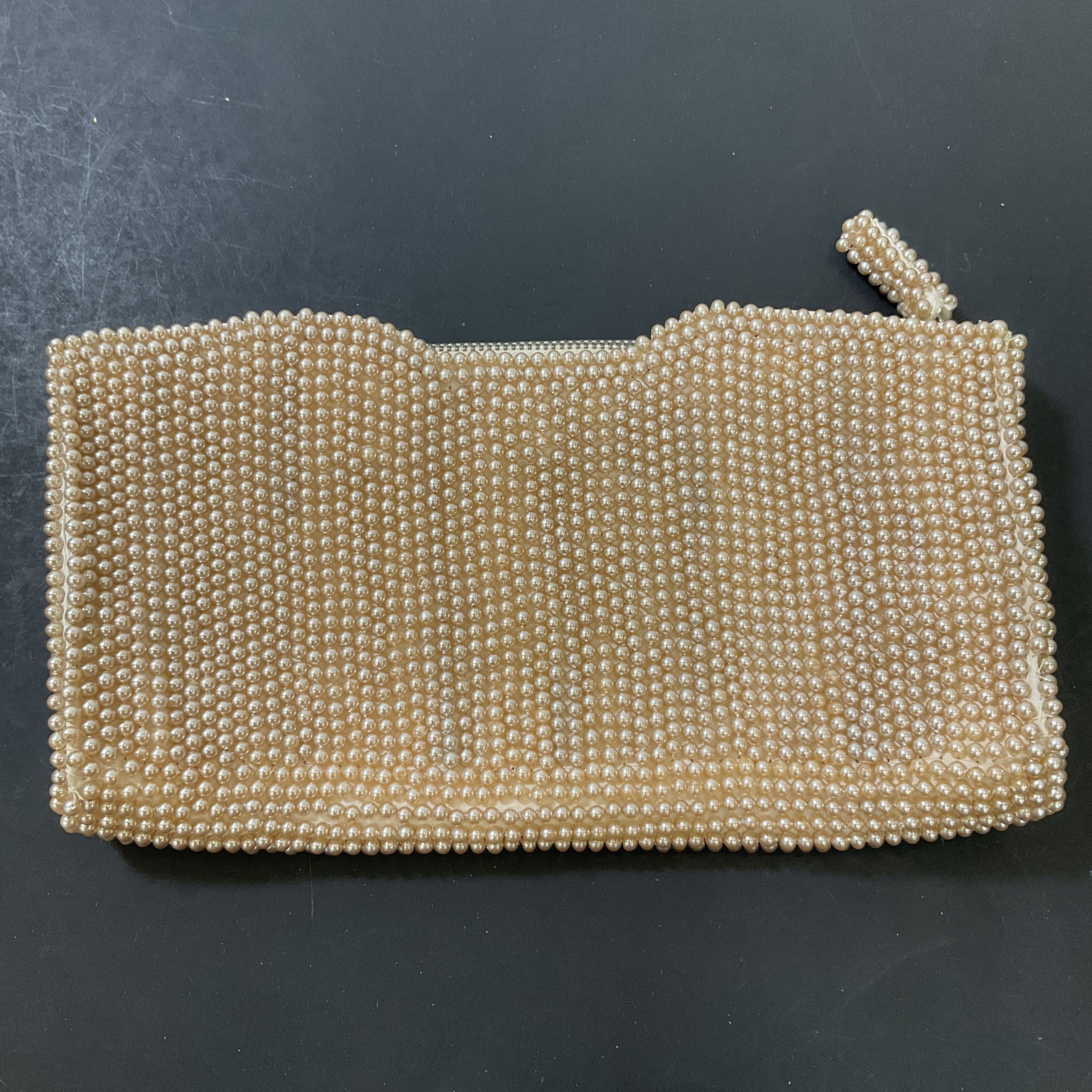 Vintage Pearlescent Beaded Floral Clutch Evening Bag Made In Japan
