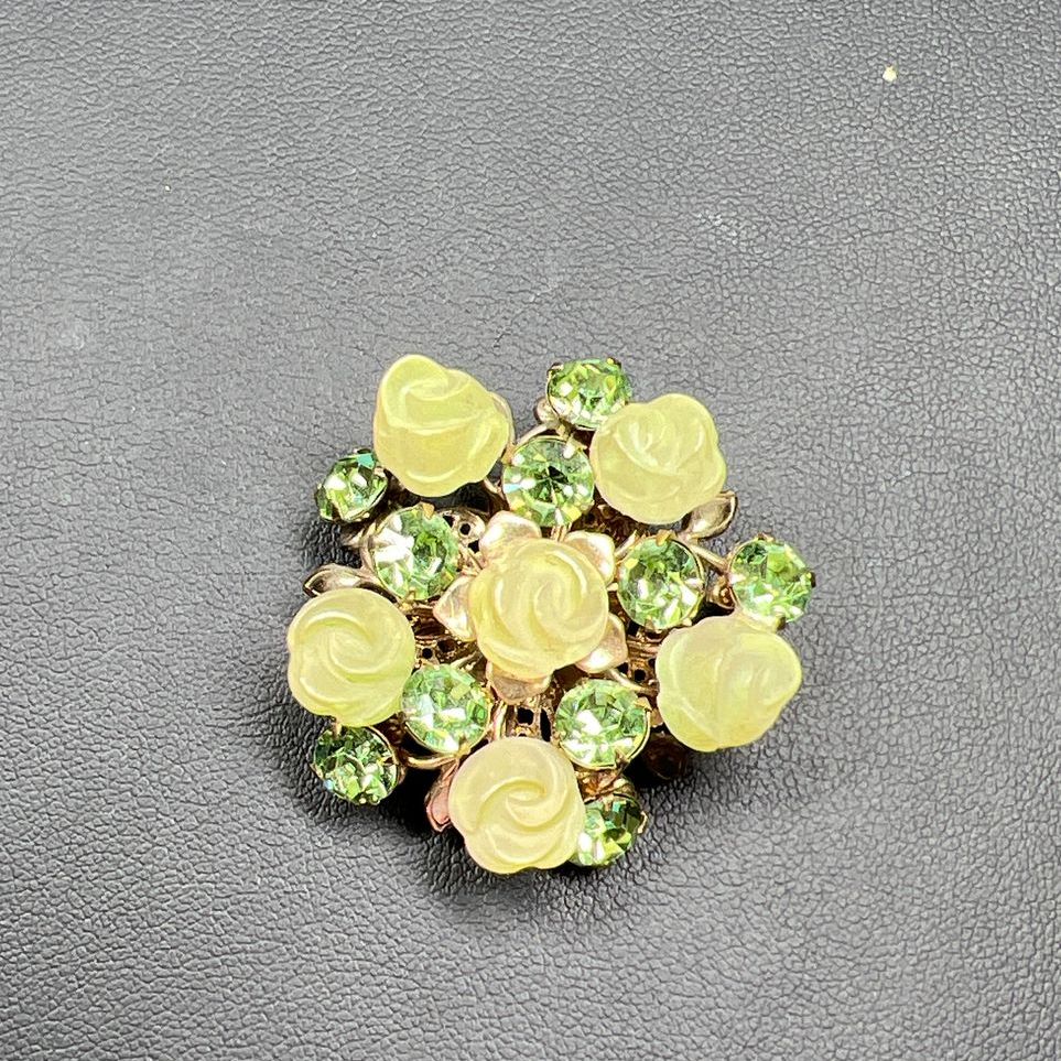 Vintage Style Green Frosty Rose & Rhinestone Gold Tone Spring Brooch