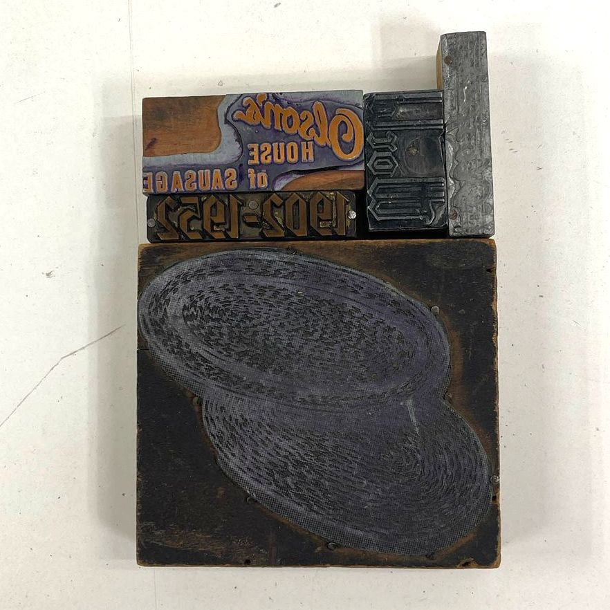 Vintage Wooden Print Stamp Blocks Lot "World 1902-1952 Olson's House of Sausage"
