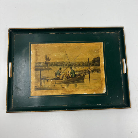 Vintage Lady Clare Serving Tray Fishing In A Punt 1820 Art Print Green 22"