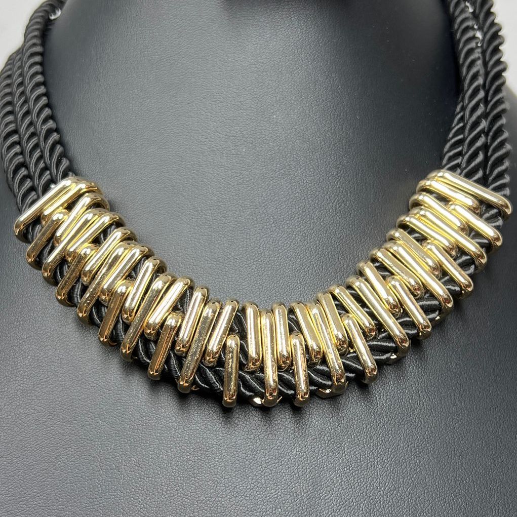 White House Black Market Rhinestone Cord Gold tone Necklace