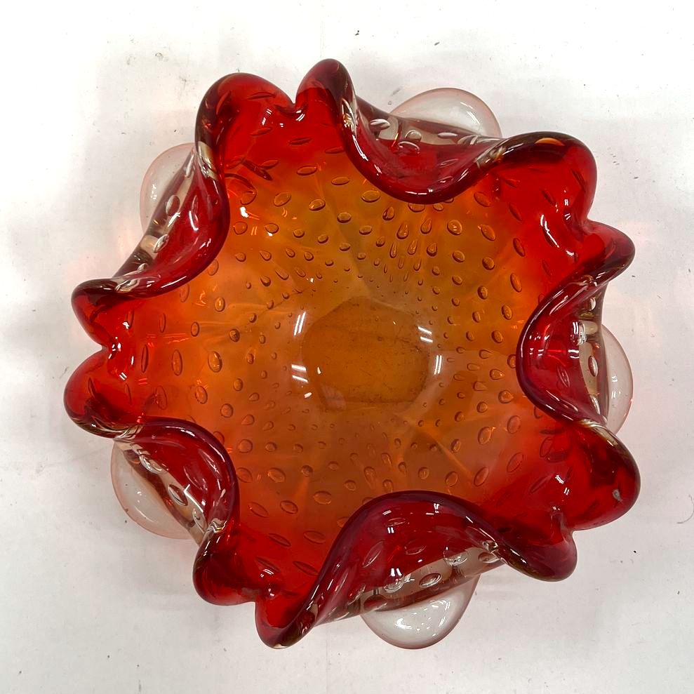 Collectible Red Orange Sunburst Murano Hand Blown Glass Art Shallow Dish