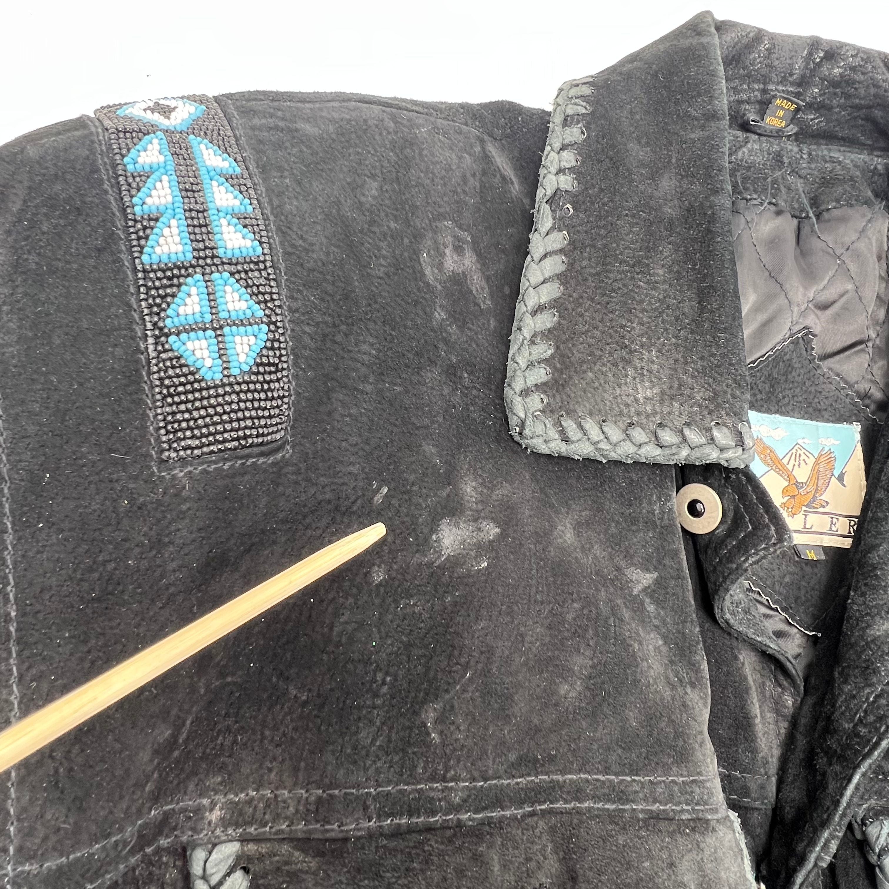 Vintage 90s Adler Suede Leather Beaded Fringe Western Jacket Sz M