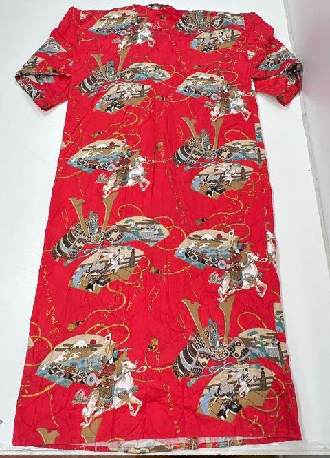 Vintage Kaburai Shoji Red Cotton Samurai Print Kimono Robe Yukata Men's 58"