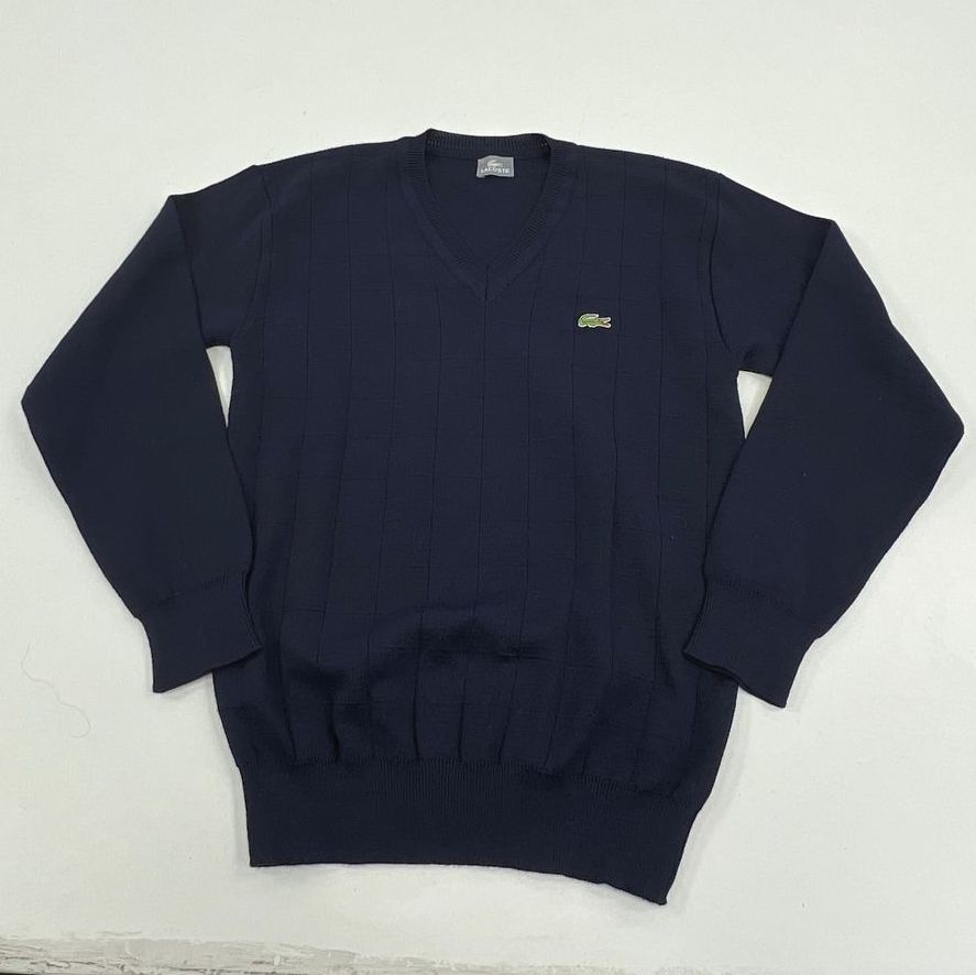 Men's Lacoste Dark Blue Knit V Neck Long Sleeve Pullover Sweater - Size 40
