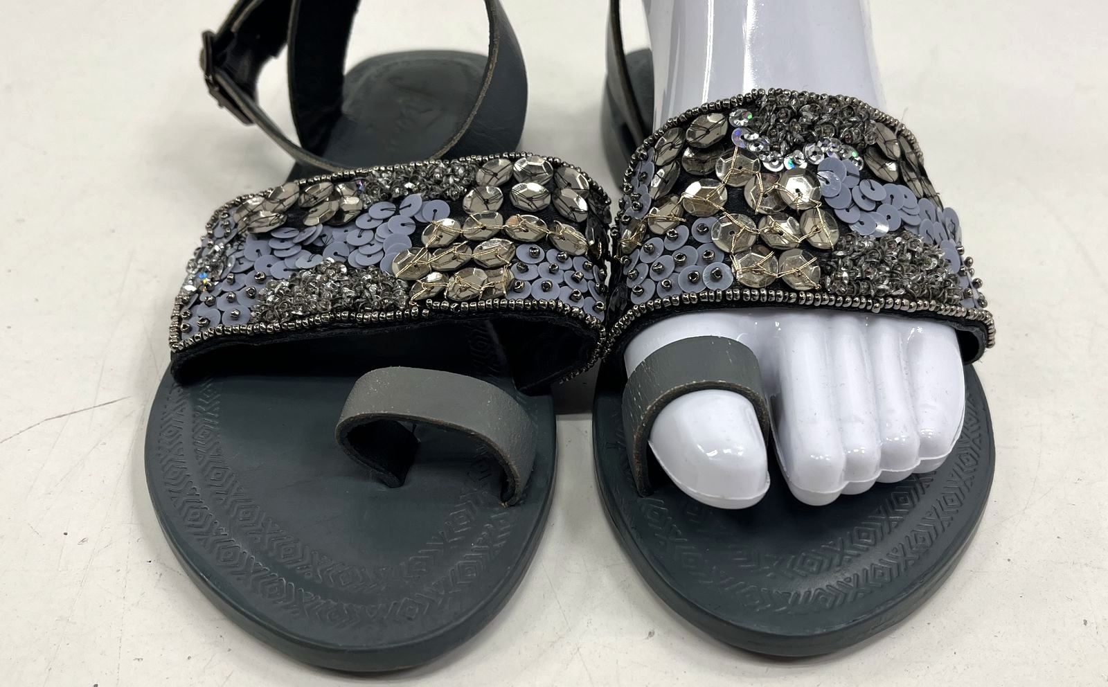 Free People Grey Beaded Sequin Ankle Strap Toe Loop Flat Sandals Size EU 37 US 7