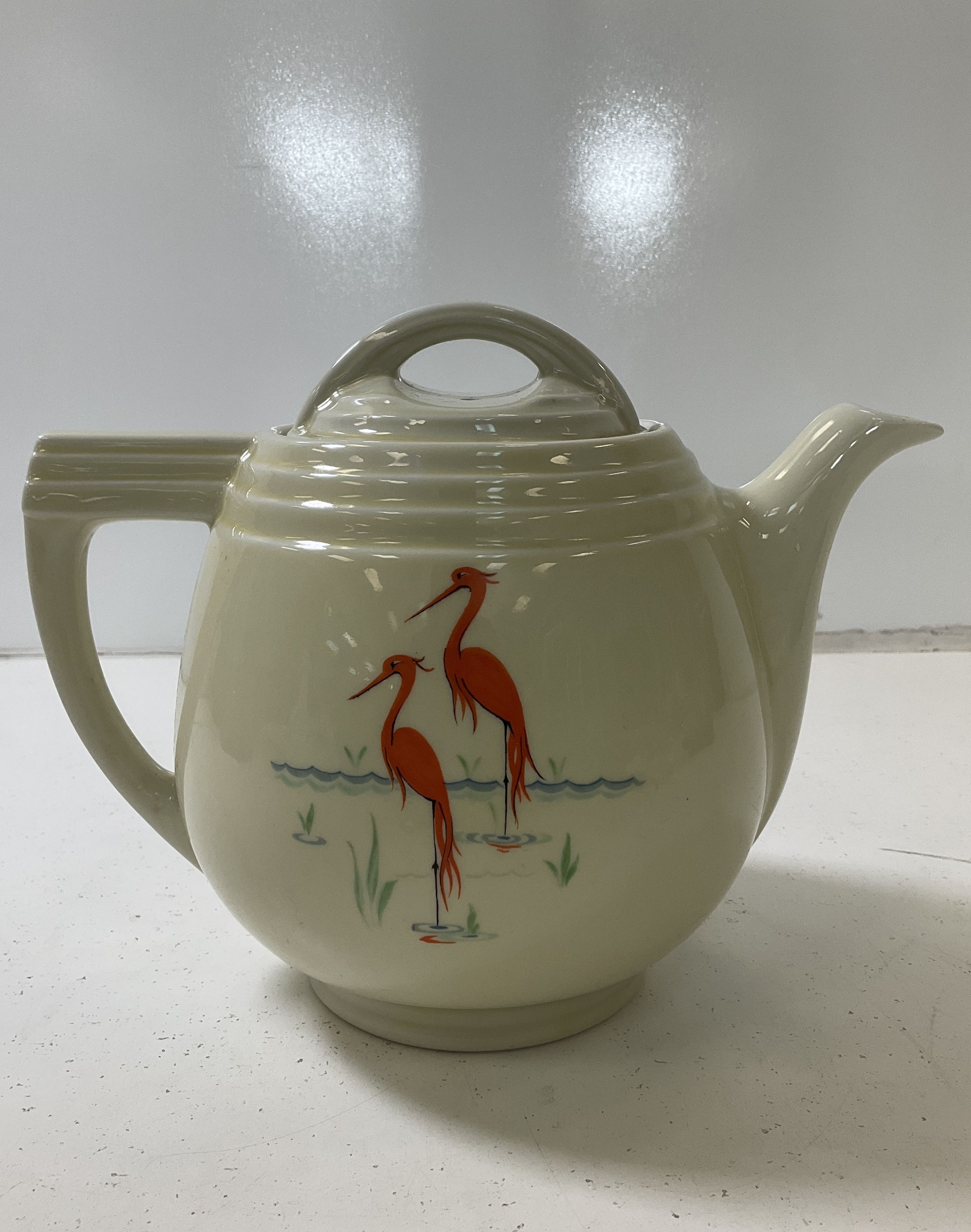 Vintage 1930s Drip O Later Art Deco Crane Birds Ceramic Coffee Pot & Lid UV Glow