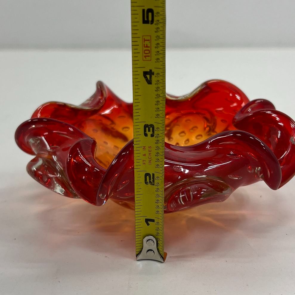 Collectible Red Orange Sunburst Murano Hand Blown Glass Art Shallow Dish