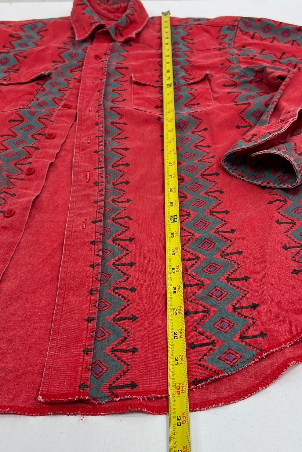 Vintage Wrangler Brushpopper Western Shirt Red Aztec Southwestern Print Cotton