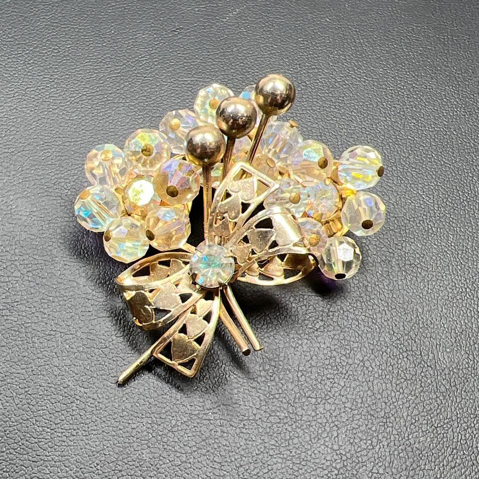 Vintage Aurora Borealis Crystal Bead Bouquet & Bow Gold Tone Brooch