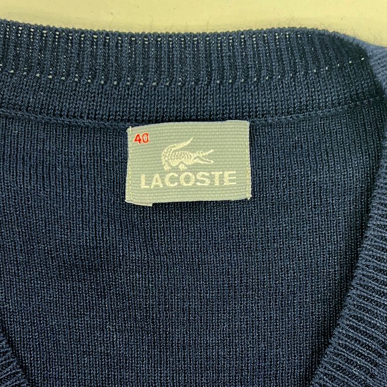 Men's Lacoste Dark Blue Knit V Neck Long Sleeve Pullover Sweater - Size 40