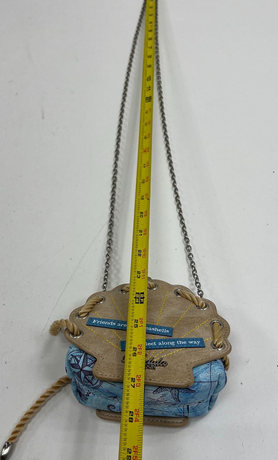 Vendula London Nautical Shell Embroidered Kiss Lock Crossbody Purse Bag Tan Blue