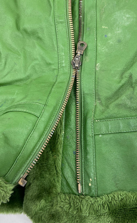 Vintage 90s Tanners Avenue Green Leather Faux Fur Lined Hooded Jacket Sz L