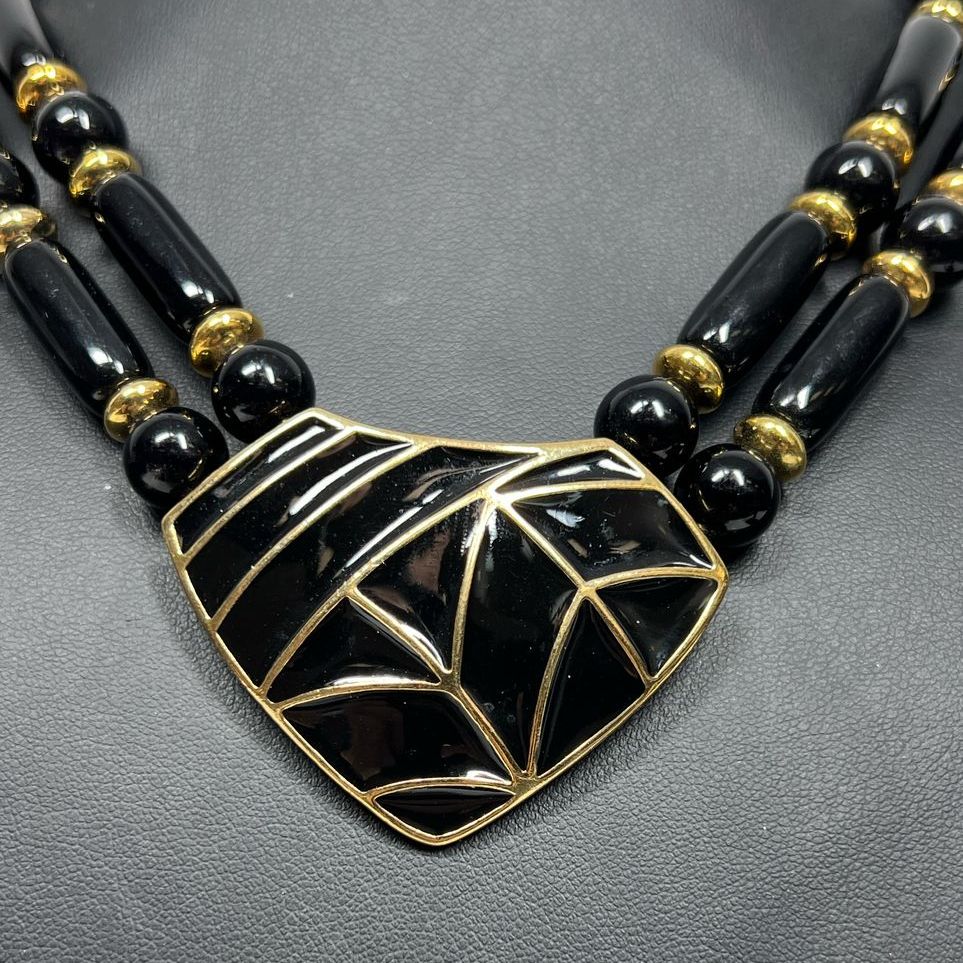Trifari Black Enamel Gold Tone Pendant Beaded Necklace