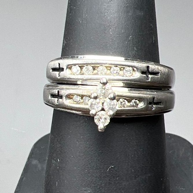 Sterling Silver Diamond Crosses Ring Christian Engagement Wedding Set 7.88g