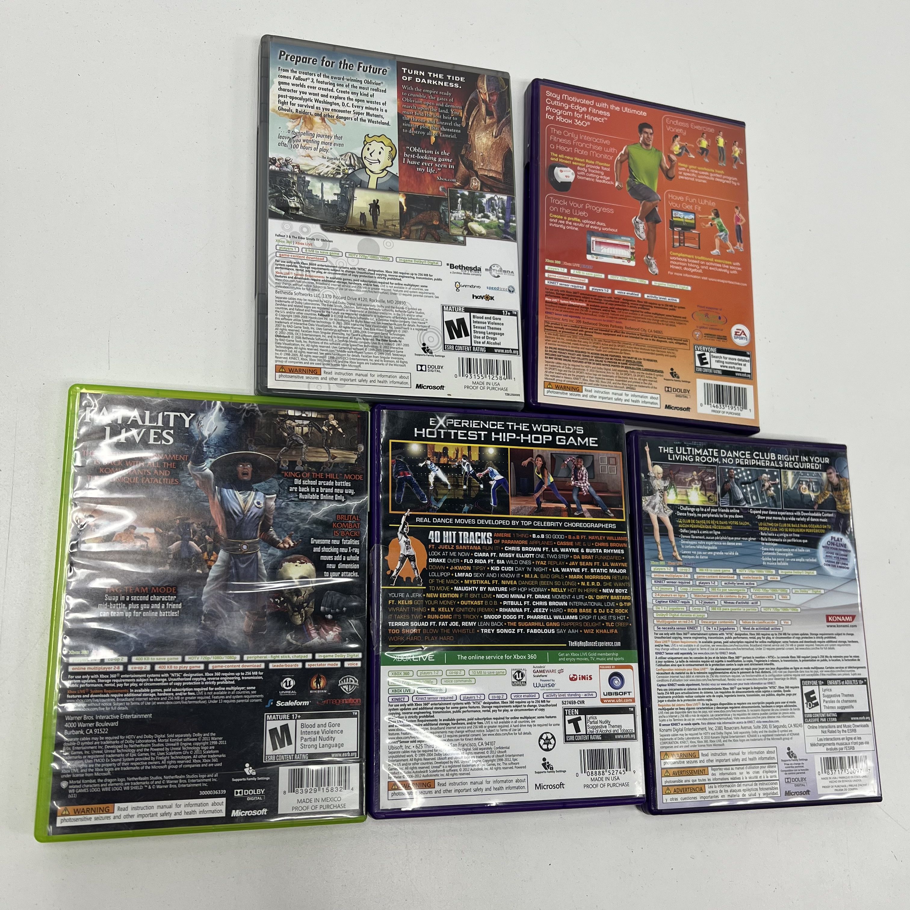 Lot of XBOX 360 Games Untested Lot of 5 Dance Oblivion Fallout 3 Mortal Kombat
