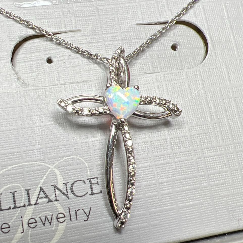 Sterling Silver Created Opal & CZ Cross Necklace