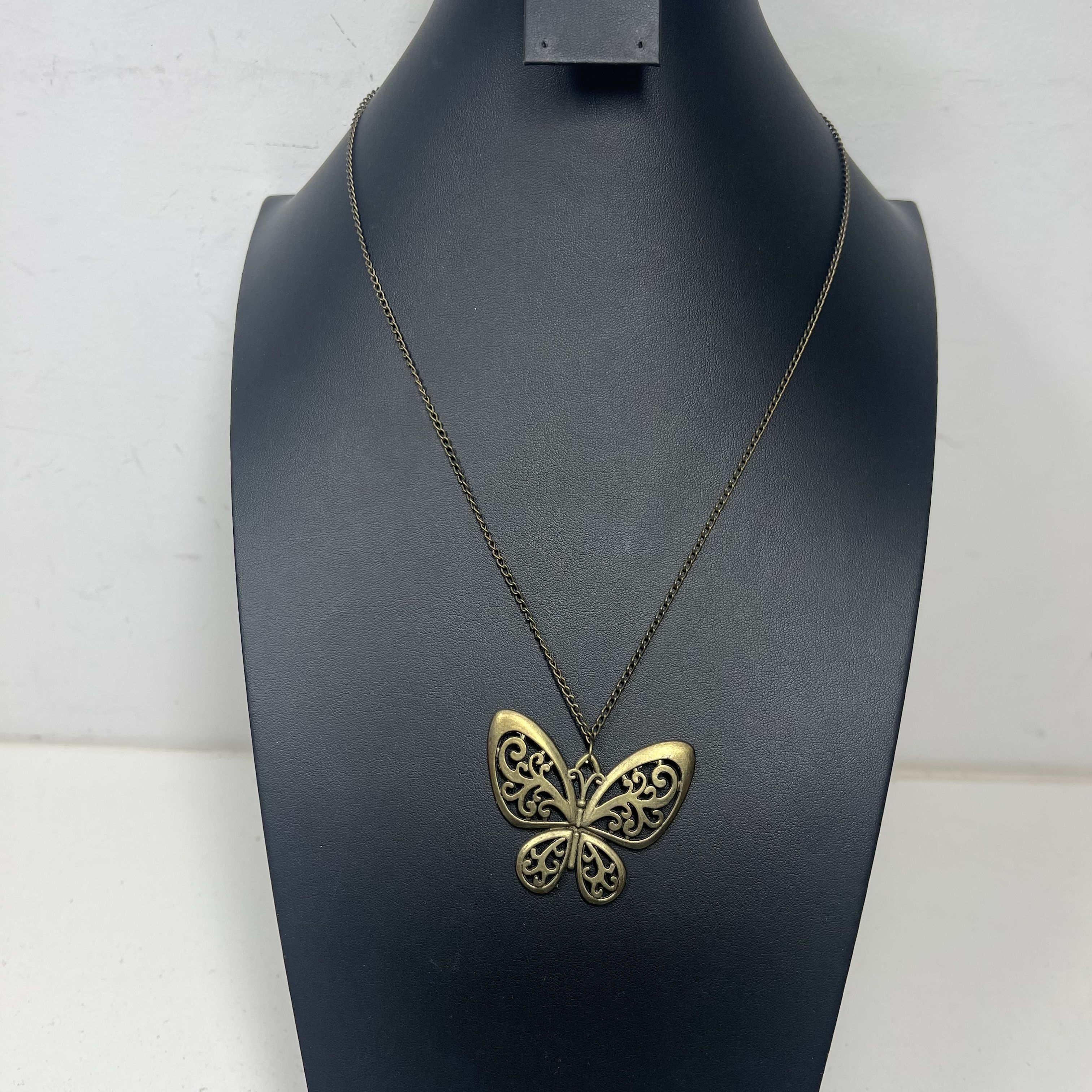 Vintage Filigree Butterfly Pendant Necklace 1960s Gold Tone