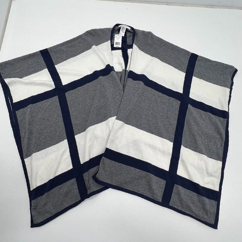 NWT Foxcroft Gray Blue Colorblock Windowpane Knit Wool Blend Shawl Poncho Women
