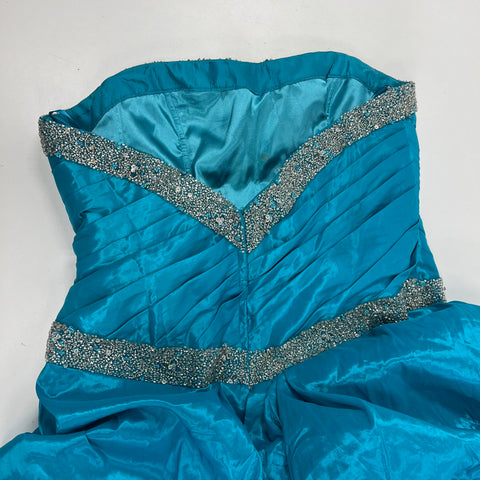 Vintage Y2K Mystique Teal Blue Beaded Strapless Taffeta Prom Gown Dress