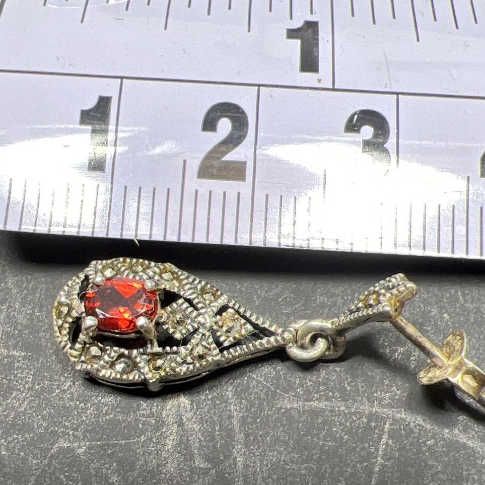 Sterling Silver Garnet & Marcasite Dangle Earrings 3.05g