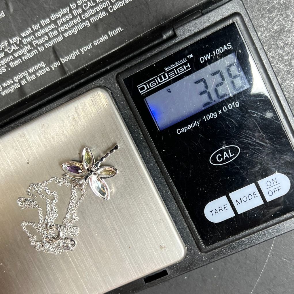 Platinum Over Sterling Silver Gemstone Dragonfly Necklace 3.28g NIB