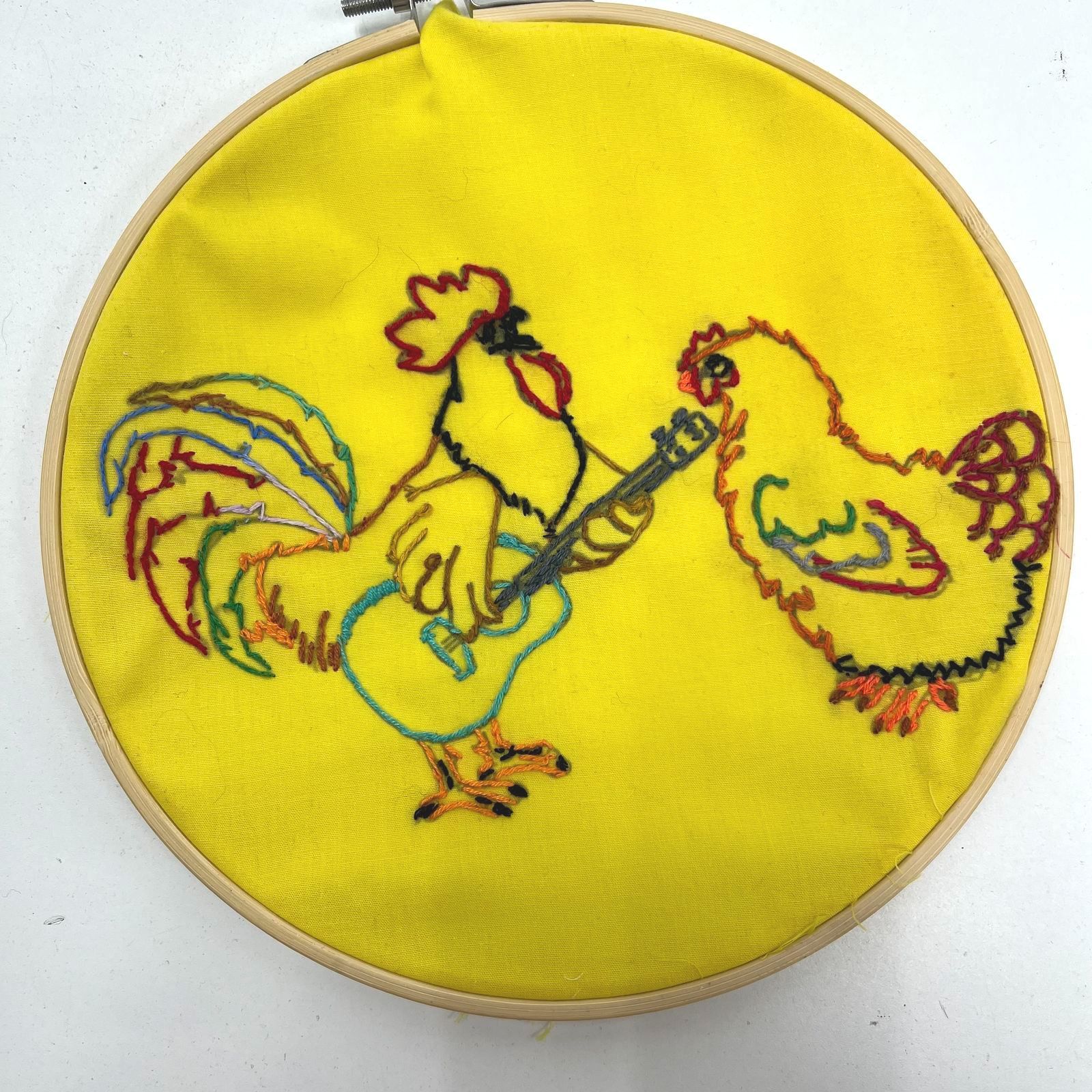 Set of Two Vintage Embroidered Chickens Roosters Handmade 8"
