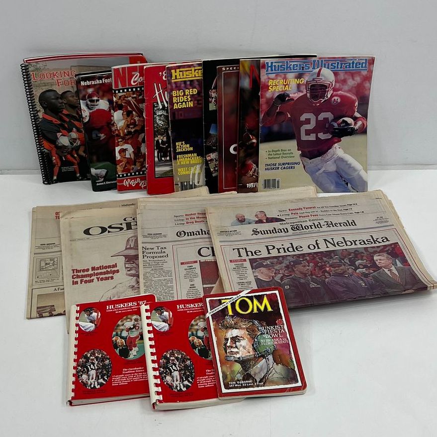Collectible 80s-90s NE Huskers Osborne Memorabilia Lot Newspapers Book Magazines