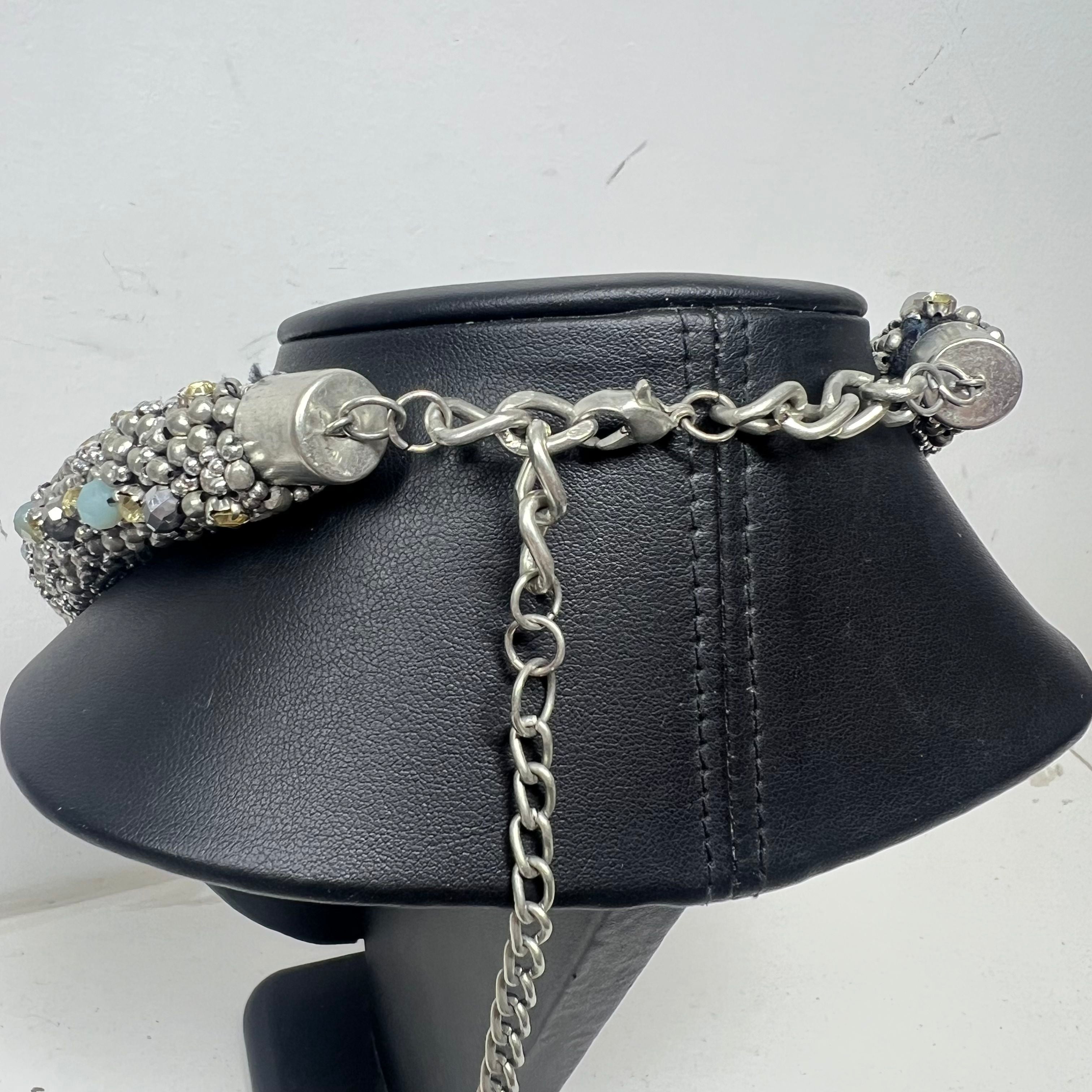 ZARA Glitzy Beaded Statement Collar Necklace Adjustable Silver Tone Signed