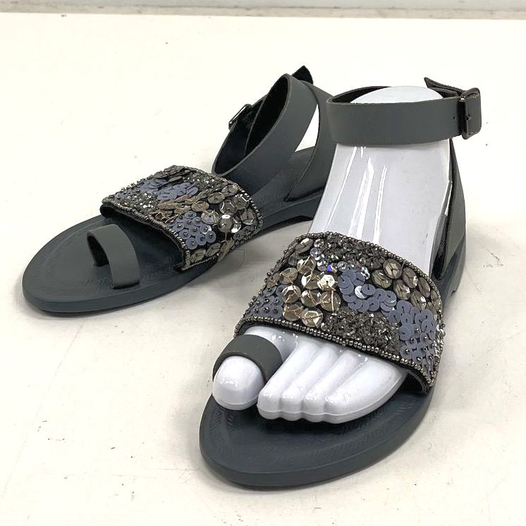 Free People Grey Beaded Sequin Ankle Strap Toe Loop Flat Sandals Size EU 37 US 7