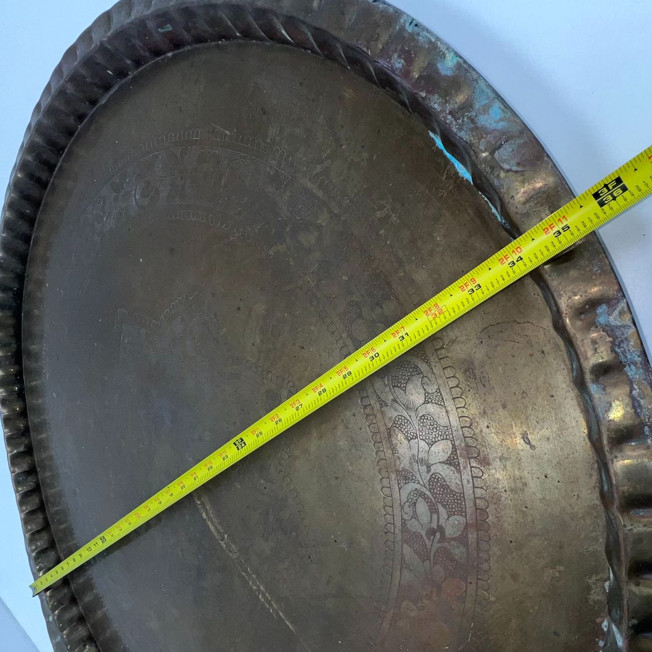 Vintage Large Brass Moroccan Indian Style Tray Table Top Embossed Floral 35.5"