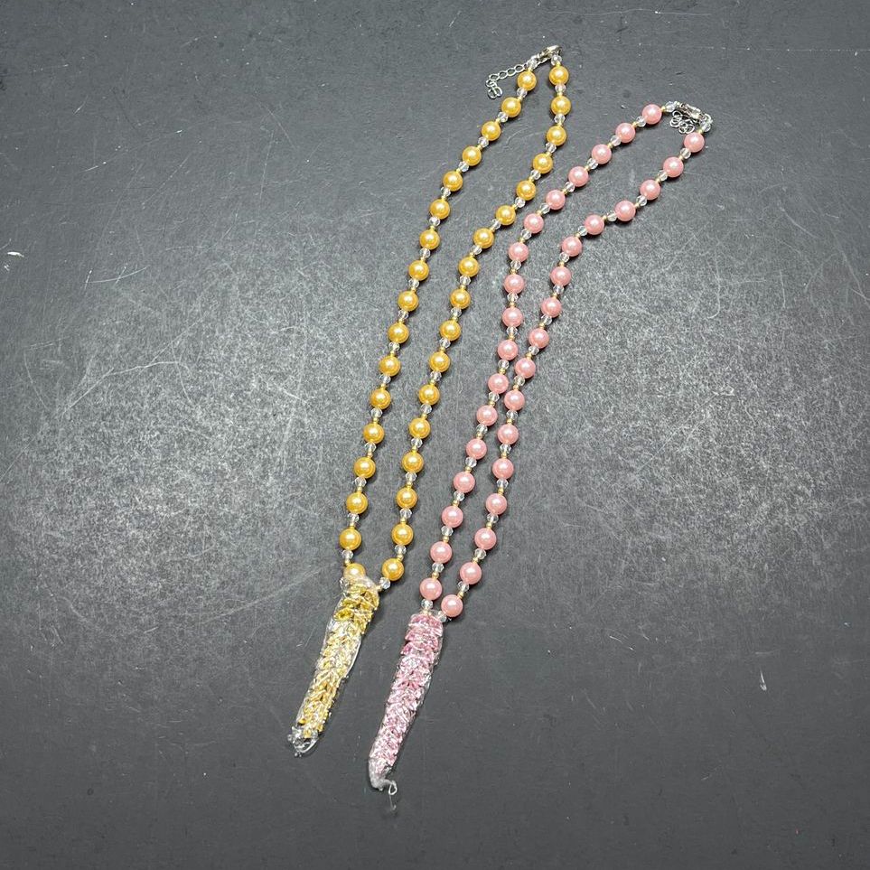 2 Pink & Yellow CZ Shell Pearl White Mystic Color Glass Necklaces NIB
