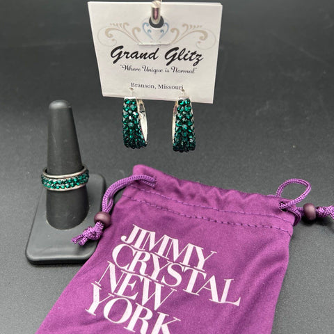 Jimmy Crystal New York Green Crystal Ring & Hoop Earrings Set NWT Size 9
