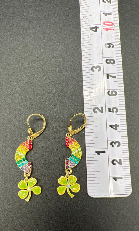 Vintage Kirks Folly Gold Tone Rainbow Rhinestone Shamrock Dangle Earrings