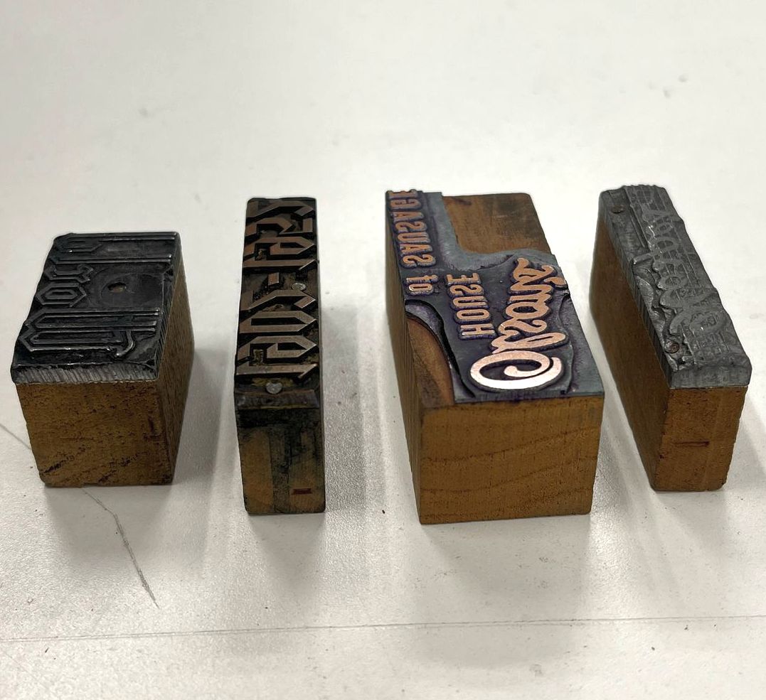 Vintage Wooden Print Stamp Blocks Lot "World 1902-1952 Olson's House of Sausage"
