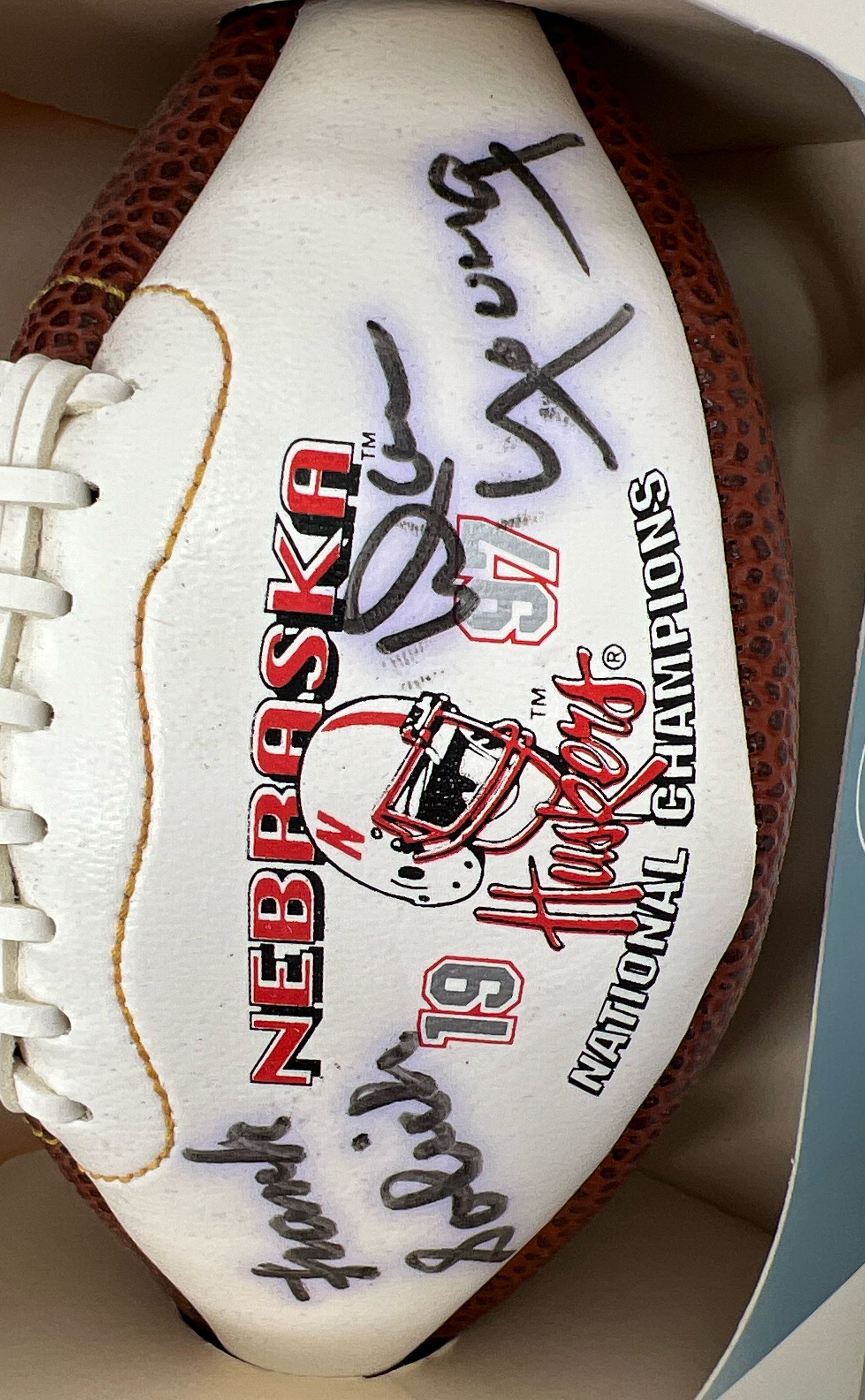 Baden Signed Huskers 1997 National Champs Mini Football Frank Solich Dan Young