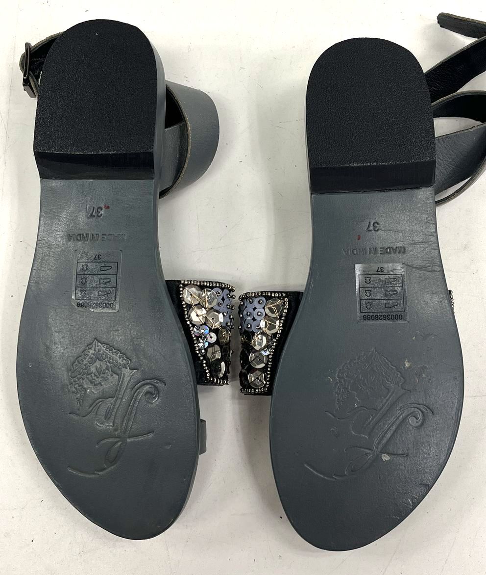 Free People Grey Beaded Sequin Ankle Strap Toe Loop Flat Sandals Size EU 37 US 7