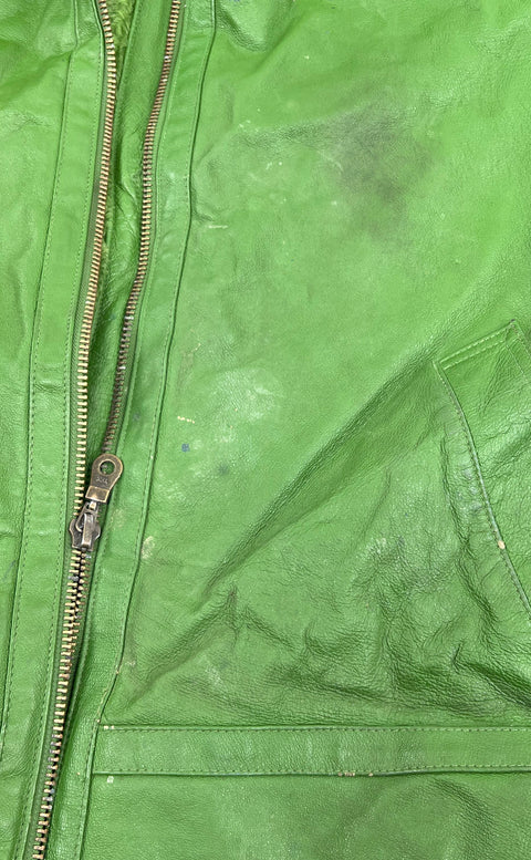 Vintage 90s Tanners Avenue Green Leather Faux Fur Lined Hooded Jacket Sz L
