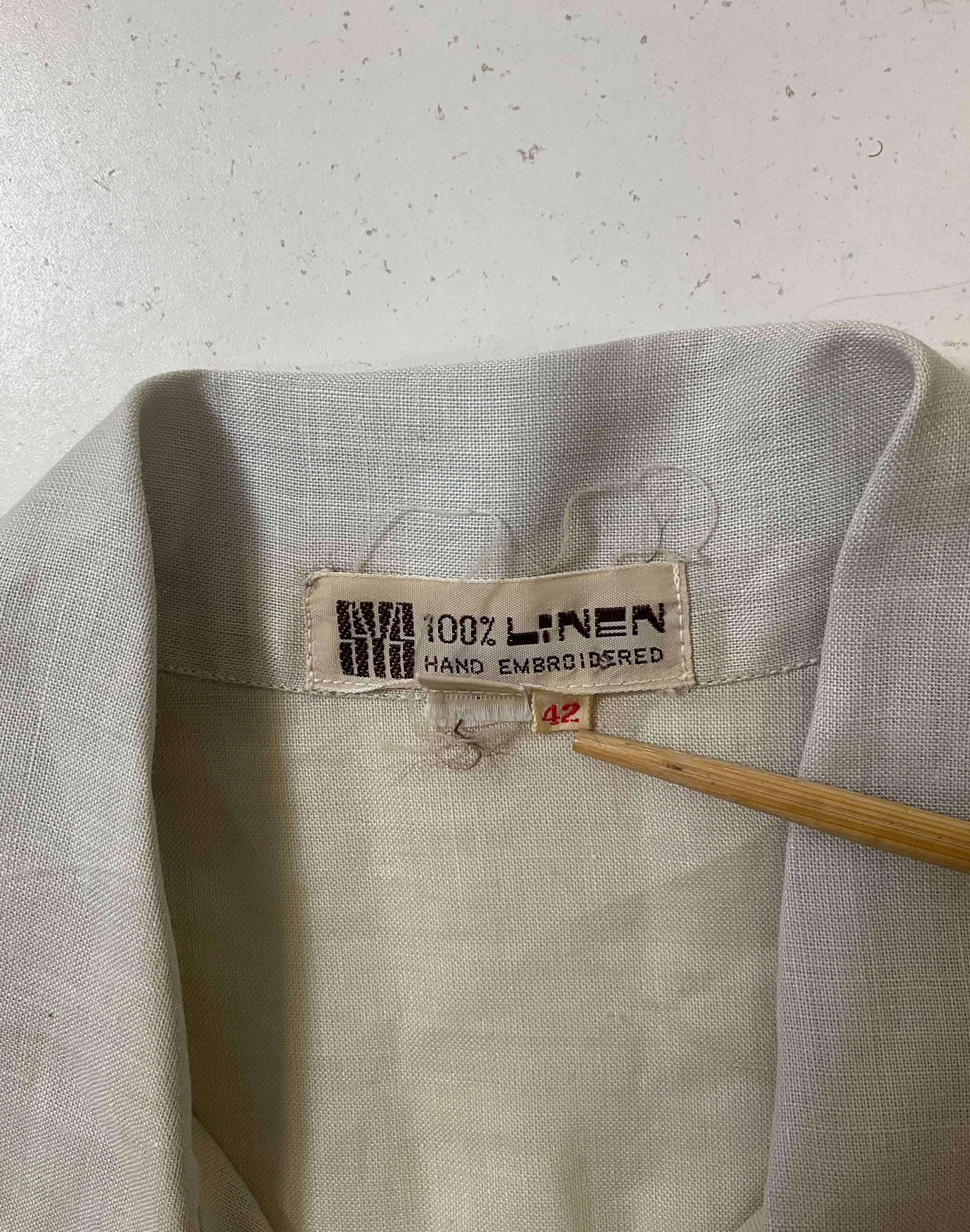 SYS Women's Pale Blue Gray Shirt Dress Hand Embroidered 100% Linen Sz 42 Vintage