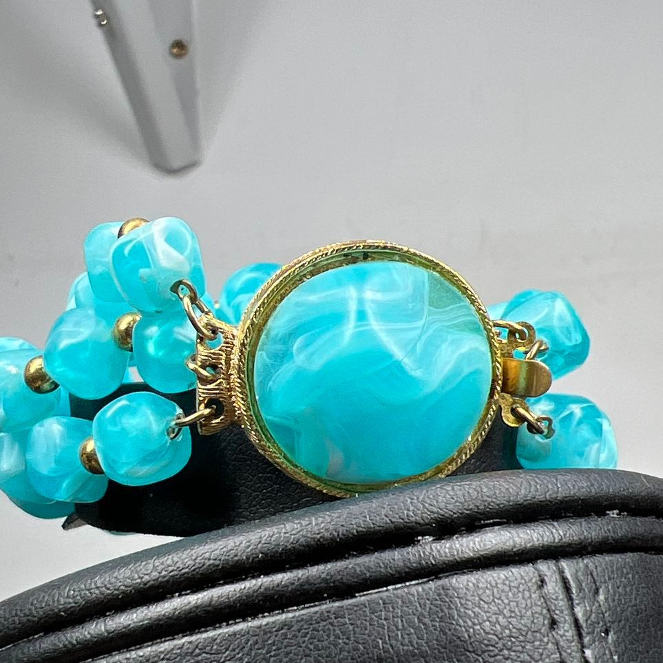 Vintage Kramer Blue Swirl Bracelet and Clip On Earrings Gold Tone Set