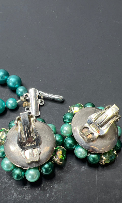 Vintage Lot 4pc Mid-Century Teal Blue Costume Jewelry Necklaces Clip On Earrings