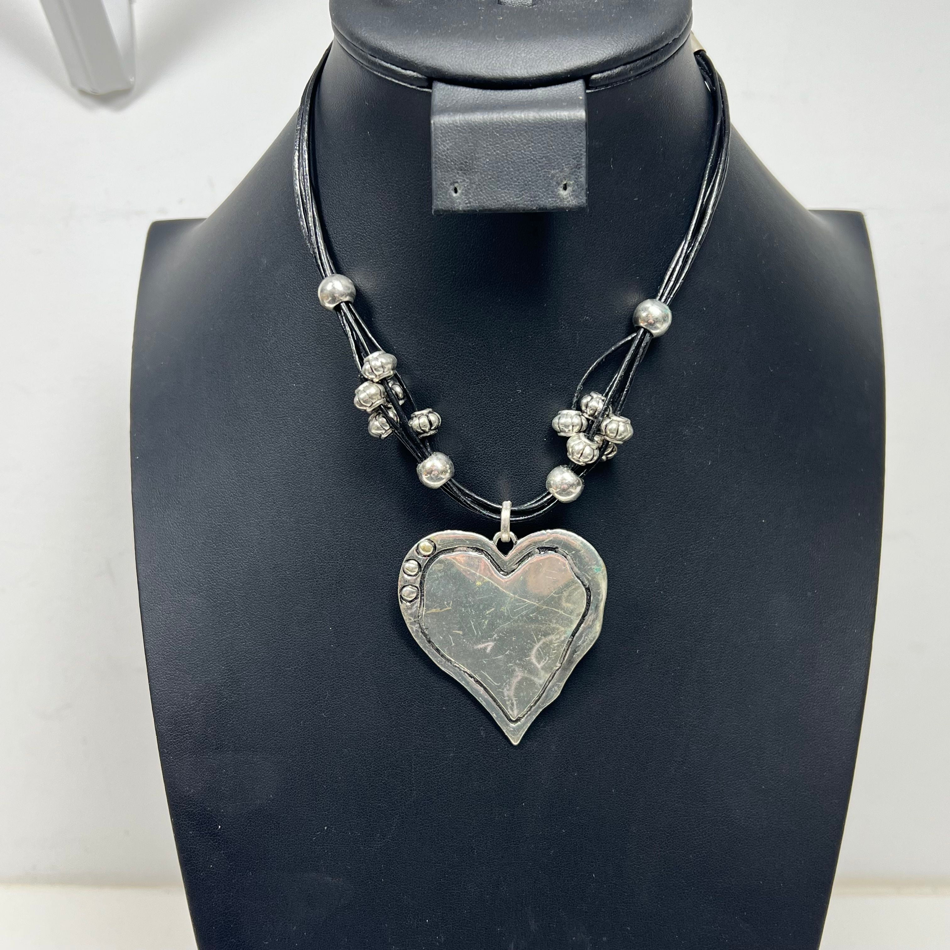 Vintage Ganz Heart Necklace Heart Pendant Silver Tone Black Cord