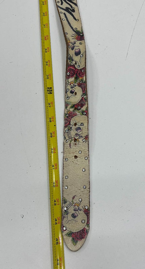Vintage Y2K Ed Hardy Cream Skull Rose Tattoo Rhinestone Studded Leather Belt 45