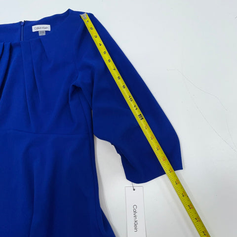Calvin Klein NWT Blue Pleated Neck A-Line 3/4 Sleeve Dress Women's 8