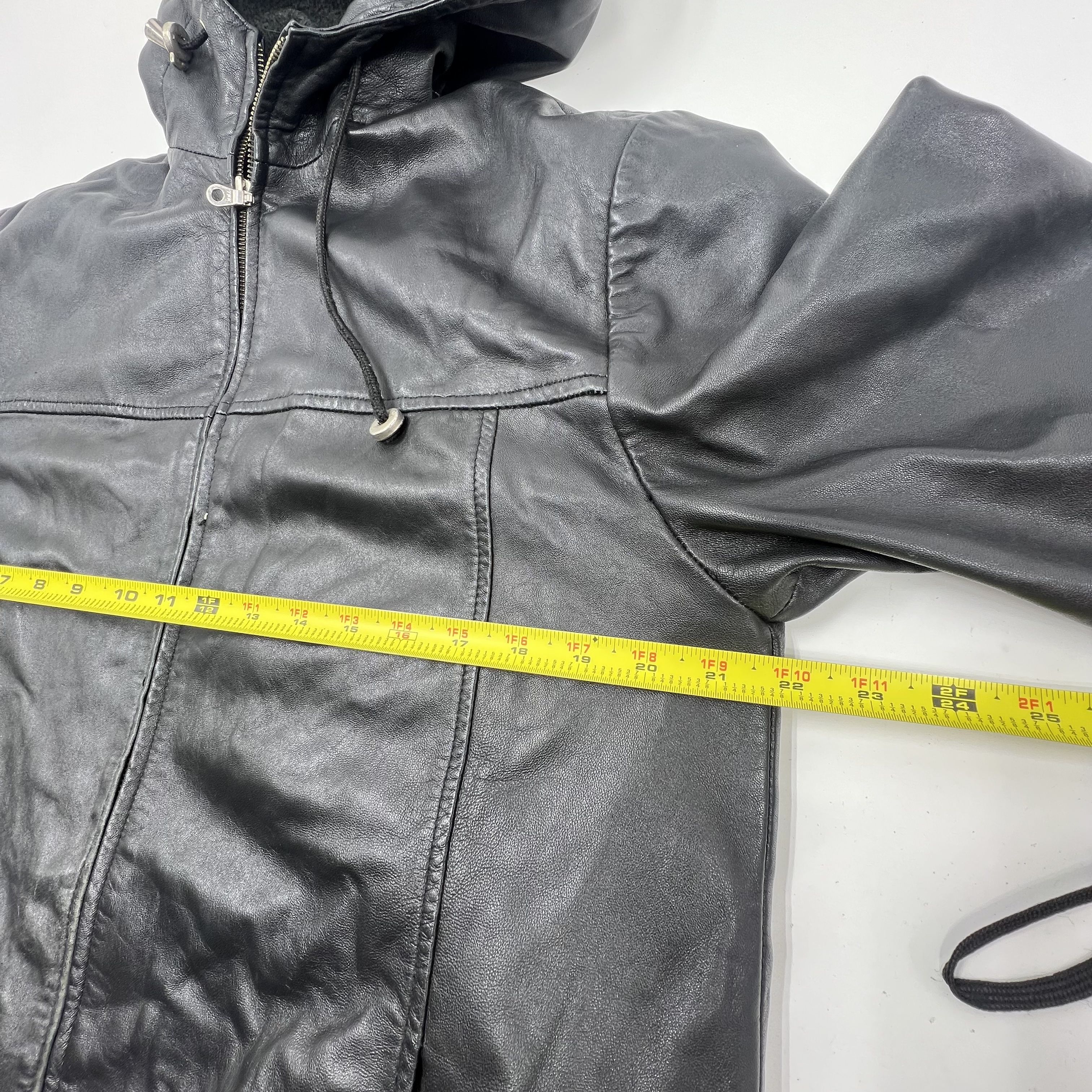 Vintage 90s Izzi Black Leather Fleece Lined Hooded Jacket Coat Men's L
